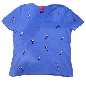 Alexandra Bartlett Vintage| Embroidered Martini Print Glasses| Short Sleeve Top